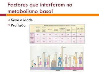 Factores que interferem no metabolismo basal Sexo e idade Profissão 