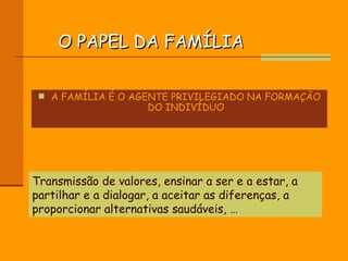 O PAPEL DA FAMÍLIA A FAMÍLIA É O AGENTE PRIVILEGIADO NA FORMAÇÃO DO INDIVÍDUO Transmissão de valores, ensinar a ser e a estar, a partilhar e a dialogar, a aceitar as diferenças, a proporcionar alternativas saudáveis, … 
