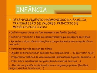 INFÂNCIA DESENVOLVIMENTO HARMONIOSO DA FAMÍLIA, TRANSMISSÃO DE VALORES, PRINCIPIOS E MODELOS POSITIVOS: Definir regras claras de funcionamento em família (todos); Definir e transmitir o tipo de comportamento que se espera dos filhos; Aprender a dizer não às situações e comportamentos com as quais não se concorda; Participar na vida escolar dos filhos; Ajudar os filhos a tomar decisões tão simples como … “O que vestir hoje”! Proporcionar hábitos de vida saudáveis (alimentação, higiene, desporto, …) Falar sobre substâncias perigosas (medicamentos, lexívias, …) Abordar as questões relacionadas com a segurança pessoal (famílias, amigos, vizinhos, bombeiros, …) 