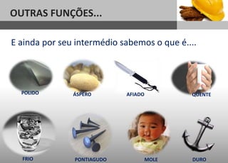 1
OUTRAS FUNÇÕES...
Sub headline
E ainda por seu intermédio sabemos o que é....
POLIDO ÁSPERO AFIADO QUENTE
FRIO PONTIAGUDO MOLE DURO
 