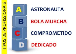 D
C
B
A ASTRONAUTA
BOLA MURCHA
COMPROMETIDO
DEDICADO
TIPOSDEPROFISSIONAIS
 