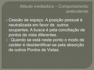  Cessão  de espaço. A posição pessoal é
 neutralizada em favor de outros
 ocupantes. A busca é pela conciliação de
 pontos de vista diferentes.
 Quando se está neste ponto o modo de
 caráter é desidentificar-se pela absorção
 de outros Pontos de Vistas.
 