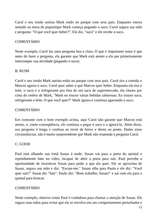 Carol e seu irmão autista Mark estão no parque com seus pais. Enquanto estava
sentado na mesa de piquenique Mark começa pegando o suco. Carol segura sua mão
e pergunta: "O que você quer beber?". Ele diz, "suco" e ele recebe o suco.
COMENTÁRIO
Neste exemplo, Carol faz uma pergunta boa e clara. O que é importante notar é que
antes de fazer a pergunta, ela garante que Mark está atento a ela por primeiramente
interromper sua atividade (pegando o suco).
B: RUIM
Carol e seu irmão Mark autista estão no parque com seus pais. Carol tira a comida e
Marcos agarra o suco. Carol quer saber o que Marcos quer beber. Enquanto ela tira o
leite, o suco e o refrigerante pra fora de um saco de supermercado, ela chama por
cima do ombro de Mark, "Mark eu trouxe várias bebidas saborosas. Eu trouxe suco,
refrigerante e leite. O que você quer?" Mark ignora e continua agarrando o suco.
COMENTÁRIO
Em contraste com o bom exemplo acima, aqui Carol não garante que Marcos está
atento, e, como conseqüência, ele continua a pegar o suco e a ignorá-la. Além disso,
sua pergunta é longa e confusa ao invés de breve e direta ao ponto. Dadas estas
circunstâncias, não é muito surpreendente que Mark não responda à pergunta Carol.
C: GOOD
Paul está olhando sua irmã Susan à tarde. Susan vai para a porta do quintal e
repetidamente bate no vidro, incapaz de abrir a porta para sair. Paul percebe a
oportunidade de incentivar Susan para pedir o que ela quer. Ele se aproxima de
Susan, segura sua mão e diz: "Escute-me." Susan olha para Paulo e ele diz: "Você
quer sair?" Susan diz "Sair". Paulo diz: "Bom trabalho, Susan!" e sai com ela para o
quintal para brincar.
COMENTÁRIO
Neste exemplo, observe como Paul é cuidadoso para chamar a atenção de Susan. Ele
segura suas mãos para evitar que ela se envolva em um comportamento perturbador e
12
 