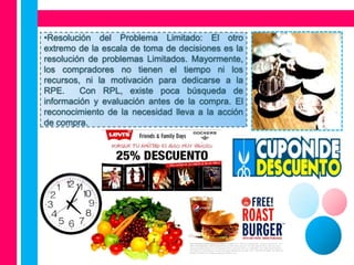 •Resolución del Problema Limitado: El otro
extremo de la escala de toma de decisiones es la
resolución de problemas Limitados. Mayormente,
los compradores no tienen el tiempo ni los
recursos, ni la motivación para dedicarse a la
RPE.     Con RPL, existe poca búsqueda de
información y evaluación antes de la compra. El
reconocimiento de la necesidad lleva a la acción
de compra.
 