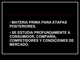MATERIA PRIMA PARA ETAPAS POSTERIORES. SE ESTUDIA PROFUNDAMENTE A CONSUMIDOR, COMPAÑÍA, COMPETIDORES Y CONDICIONES DE MERCADO. 