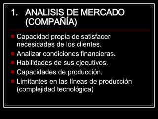 ANALISIS DE MERCADO  (COMPAÑÍA) Capacidad propia de satisfacer necesidades de los clientes. Analizar condiciones financieras. Habilidades de sus ejecutivos. Capacidades de producción. Limitantes en las líneas de producción (complejidad tecnológica) 