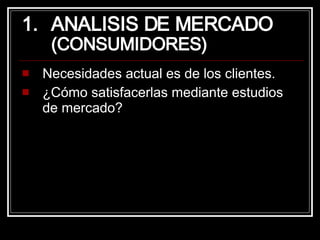 ANALISIS DE MERCADO  (CONSUMIDORES) Necesidades actual es de los clientes. ¿Cómo satisfacerlas mediante estudios de mercado? 