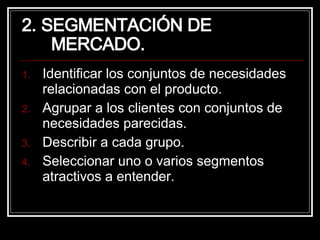 2. SEGMENTACIÓN DE MERCADO. Identificar los conjuntos de necesidades relacionadas con el producto. Agrupar a los clientes con conjuntos de necesidades parecidas. Describir a cada grupo. Seleccionar uno o varios segmentos atractivos a entender. 
