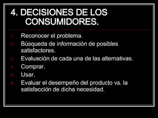 4. DECISIONES DE LOS CONSUMIDORES. Reconocer el problema. Búsqueda de información de posibles satisfactores. Evaluación de cada una de las alternativas. Comprar. Usar. Evaluar el desempeño del producto vs. la satisfacción de dicha necesidad. 