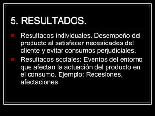 5. RESULTADOS. Resultados individuales. Desempeño del producto al satisfacer necesidades del cliente y evitar consumos perjudiciales. Resultados sociales: Eventos del entorno que afectan la actuación del producto en el consumo. Ejemplo: Recesiones, afectaciones. 