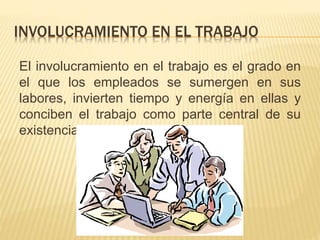INVOLUCRAMIENTO EN EL TRABAJO
El involucramiento en el trabajo es el grado en
el que los empleados se sumergen en sus
labores, invierten tiempo y energía en ellas y
conciben el trabajo como parte central de su
existencia.
 