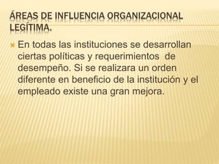 ÁREAS DE INFLUENCIA ORGANIZACIONAL
LEGÍTIMA.
 En todas las instituciones se desarrollan
ciertas políticas y requerimientos de
desempeño. Si se realizara un orden
diferente en beneficio de la institución y el
empleado existe una gran mejora.
 