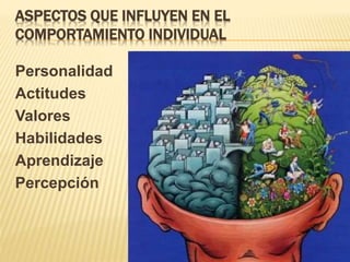 ASPECTOS QUE INFLUYEN EN EL
COMPORTAMIENTO INDIVIDUAL
Personalidad
Actitudes
Valores
Habilidades
Aprendizaje
Percepción
 