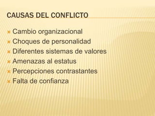 CAUSAS DEL CONFLICTO
 Cambio organizacional
 Choques de personalidad
 Diferentes sistemas de valores
 Amenazas al estatus
 Percepciones contrastantes
 Falta de confianza
 