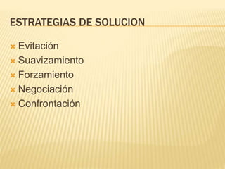 ESTRATEGIAS DE SOLUCION
 Evitación
 Suavizamiento
 Forzamiento
 Negociación
 Confrontación
 