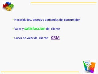  
• 	
  Necesidades,	
  deseos	
  y	
  demandas	
  del	
  consumidor	
  
• 	
  Valor	
  y	
  saJsfacción	
  del	
  cliente	
  
• 	
  Curva	
  de	
  valor	
  del	
  cliente	
  –	
  CRM	
  
	
  
 