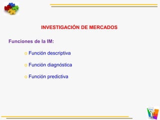 Funciones de la IM:
o Función descriptiva
o Función diagnóstica
o Función predictiva
INVESTIGACIÓN DE MERCADOS
 