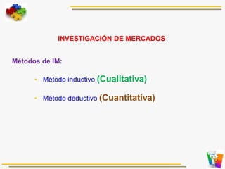 Métodos de IM:
• Método inductivo (Cualitativa)
• Método deductivo (Cuantitativa)
INVESTIGACIÓN DE MERCADOS
 