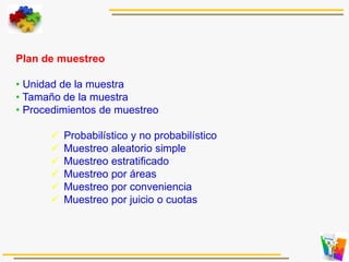 Plan de muestreo
• Unidad de la muestra
• Tamaño de la muestra
• Procedimientos de muestreo
 Probabilístico y no probabilístico
 Muestreo aleatorio simple
 Muestreo estratificado
 Muestreo por áreas
 Muestreo por conveniencia
 Muestreo por juicio o cuotas
 