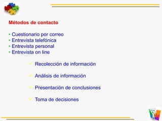 Métodos de contacto
• Cuestionario por correo
• Entrevista telefónica
• Entrevista personal
• Entrevista on line
 Recolección de información
 Análisis de información
 Presentación de conclusiones
 Toma de decisiones
 