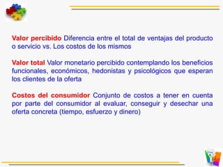 Valor percibido Diferencia entre el total de ventajas del producto
o servicio vs. Los costos de los mismos
Valor total Valor monetario percibido contemplando los beneficios
funcionales, económicos, hedonistas y psicológicos que esperan
los clientes de la oferta
Costos del consumidor Conjunto de costos a tener en cuenta
por parte del consumidor al evaluar, conseguir y desechar una
oferta concreta (tiempo, esfuerzo y dinero)
 