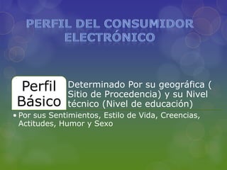 Perfil      Determinado Por su geográfica (
              Sitio de Procedencia) y su Nivel
 Básico       técnico (Nivel de educación)
• Por sus Sentimientos, Estilo de Vida, Creencias,
  Actitudes, Humor y Sexo
 