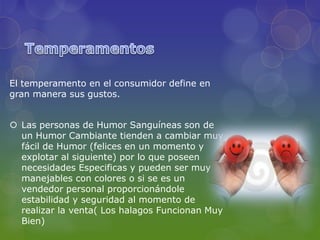 El temperamento en el consumidor define en
gran manera sus gustos.


 Las personas de Humor Sanguíneas son de
  un Humor Cambiante tienden a cambiar muy
  fácil de Humor (felices en un momento y
  explotar al siguiente) por lo que poseen
  necesidades Especificas y pueden ser muy
  manejables con colores o si se es un
  vendedor personal proporcionándole
  estabilidad y seguridad al momento de
  realizar la venta( Los halagos Funcionan Muy
  Bien)
 
