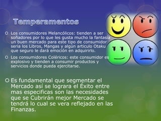  Los consumidores Melancólicos: tienden a ser
  soñadores por lo que les gusta mucho la fantasía
  un buen mercado para este tipo de consumidor
  seria los Libros, Mangas y algún articulo Otaku
  que seguro le dará emoción en adquirirlo.
 Los consumidores Coléricos: este consumidor es
  explosivo y tienden a consumir productos y
  servicios donde pueda ejercitarse.


 Es fundamental que segmentar el
  Mercado así se lograra el Éxito entre
  mas especificas son las necesidades
  que se Cubrirán mejor Mercado se
  tendrá lo cual se vera reflejado en las
  Finanzas.
 