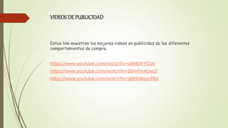 VIDEOSDE PUBLICIDAD
Estos link muestran los mejores videos en publicidad de las diferentes
comportamientos de compra.
https://www.youtube.com/watch?v=UIM8JV-FOJU
https://www.youtube.com/watch?v=ZEHvFmAUwL0
https://www.youtube.com/watch?v=qDHSWxpnPRU
 