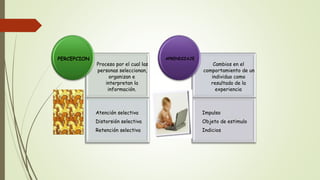 Proceso por el cual las
personas seleccionan,
organizan e
interpretan la
información.
Atención selectiva
Distorsión selectiva
Retención selectiva
PERCEPCION
Cambios en el
comportamiento de un
individuo como
resultado de la
experiencia
Impulso
Objeto de estimulo
Indicios
APRENDIZAJE
 
