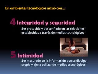 En ambientes tecnológicos actuó con…4Integridad y seguridadSer precavido y desconfiado en las relaciones establecidas a través de medios tecnológicos5IntimidadSer mesurado en la información que se divulga, propia y ajena utilizando medios tecnológicos
