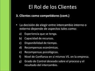 El Rol de los Clientes
3. Clientes como competidores (cont.)
• La decisión de elegir entre intercambio interno o
externo depende de aspectos tales como:
a) Experiencia que se tenga.
b) Capacidad de recursos.
c) Disponibilidad de tiempo.
d) Recompensas económicas.
e) Recompensas psicológicas.
f) Nivel de Confianza en sí mismos VS. en la empresa.
g) Grado de Control deseado sobre el proceso y el
resultado del intercambio.
 
