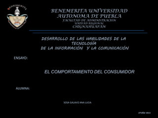 BENEMERITA UNIVERSIDAD
AUTONOMA DE PUEBLA
FACULTAD DE ADMINISTRACION
UNIDAD REGIONAL

CHIGNAHUAPAN

DESARROLLO DE LAS HABILIDADES DE LA
TECNOLOGÍA
DE LA INFORMACIÓN Y LA COMUNICACIÓN
ENSAYO:

EL COMPORTAMIENTO DEL CONSUMIDOR

ALUMNA:

SOSA GALAVIZ ANA LUCIA

OTOÑO 2013

 