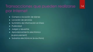 Transacciones que pueden realizarse
por Internet
 Compra o locación de bienes
 Locación de servicios
 Suministro de información en línea
 Publicidad
 Juegos y apuestas
 Aprovisionamiento electrónico
(e-procurement)
 Subastas electrónicas (e-auctions)
14
 