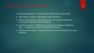 EVOLUCION DEL COMERCIO
 Baja Edad Media – Nacimiento del Derecho Mercantil
 Mercados y Ferias – Expansión del Comercio
 Perfeccionamiento del transporte y las comunicaciones –
Internacionalización del Comercio
 Comunicación a distancia en forma simultánea (Teléfono,
Fax) – Surgimiento del Comercio Electrónico
 Difusión de Internet – Expansión del Comercio Electrónico por
Internet
7
 