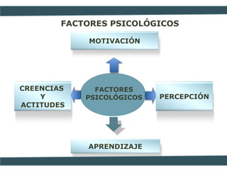 FACTORES PSICOLÓGICOS
MOTIVACIÓN
APRENDIZAJE
CREENCIAS
Y
ACTITUDES
FACTORES
PSICOLÓGICOS PERCEPCIÓN
 