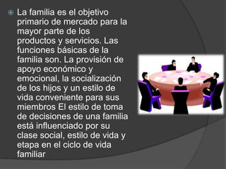    La familia es el objetivo
    primario de mercado para la
    mayor parte de los
    productos y servicios. Las
    funciones básicas de la
    familia son. La provisión de
    apoyo económico y
    emocional, la socialización
    de los hijos y un estilo de
    vida conveniente para sus
    miembros El estilo de toma
    de decisiones de una familia
    está influenciado por su
    clase social, estilo de vida y
    etapa en el ciclo de vida
    familiar
 