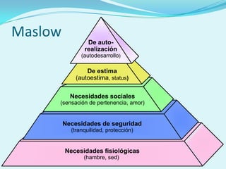 Maslow
                 De auto-
                realización
               (autodesarrollo)

                 De estima
             (autoestima, status)

           Necesidades sociales
     (sensación de pertenencia, amor)


         Necesidades de seguridad
           (tranquilidad, protección)


         Necesidades fisiológicas
                (hambre, sed)
 