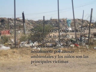 Según la OMS (Organización
mundial de la salud)
aproximadamente 13 millones
de personas mueren
anualmente por causas
ambientales y los niños son las
principales victimas.
 