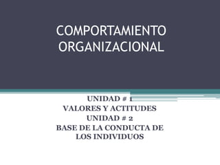COMPORTAMIENTO ORGANIZACIONAL UNIDAD # 1 VALORES Y ACTITUDES UNIDAD # 2 BASE DE LA CONDUCTA DE LOS INDIVIDUOS  