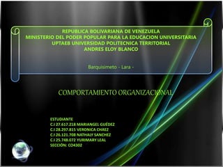 REPUBLICA BOLIVARIANA DE VENEZUELA
MINISTERIO DEL PODER POPULAR PARA LA EDUCACION UNIVERSITARIA
UPTAEB UNIVERSIDAD POLITECNICA TERRITORIAL
ANDRES ELOY BLANCO
Barquisimeto - Lara -
COMPORTAMIENTO ORGANIZACIONAL
ESTUDIANTE
C.I 27.617.218 MARIANGEL GUÉDEZ
C.I 28.297.815 VERONICA CHAEZ
C.I 26.121.708 NATHALY SANCHEZ
C.I 25.748.072 YURIMARY LEAL
SECCIÓN: CO4302
 