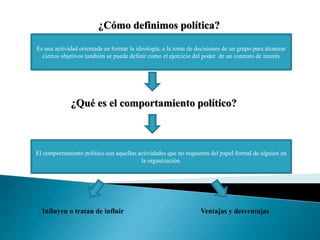 Es una actividad orientada en formar la ideología, a la toma de decisiones de un grupo para alcanzar
ciertos objetivos también se puede definir como el ejercicio del poder de un contrato de interés
¿Cómo definimos política?
¿Qué es el comportamiento político?
El comportamiento político son aquellas actividades que no requieren del papel formal de alguien en
la organización.
Influyen o tratan de influir Ventajas y desventajas
 