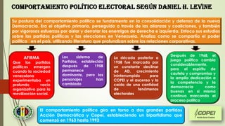 Comportamiento político elEctoral según DANIEL H. LEVINE
Su postura del comportamiento político se fundamenta en la consolidación y defensa de la nueva
Democracia. Era el objetivo primario, perseguido a través de las alianzas y coaliciones, y también
por vigorosos esfuerzos por aislar y derrotar los enemigos de derecha e izquierda. Enfoco sus estudios
sobre los partidos políticos y las elecciones en Venezuela. Analiza como se compartía el poder
político en el país, utilizando literatura que profundizan sobre las relaciones corporativas.
AFIRMA
Que los partidos
políticos emergen
cuando la sociedad
venezolana
experimentaba un
profundo vacío
organizativo para la
movilización social.
Los sistema de
Partidos, establecido
después de 1958
permanece
dominante, pero los
personajes han
cambiado
La década posterior a
1958 fue marcada por
un constante declinar
de AD, crecimiento
ininterrumpido para
COPEI y el ascenso y la
caída de una cantidad
de fenómenos
electorales
Después de 1968, el
juego político cambia
considerablemente,
pero el espíritu de
cautela y compromiso y
la amplia dedicación a
la competencia y la
democracia como
buenas en si misma
continua marcando el
proceso político
El comportamiento político giro en torno a dos grandes partidos
Acción Democrática y Copei, estableciendo un bipartidismo que
comenzó en 1963 hasta 1993
 