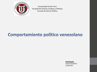 Universidad Fermín Toro
Facultad de Ciencias Jurídicas y Políticas
Escuela de Ciencia Política
Participante:
Alvarez Geraldine
23.833.642
 