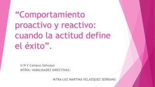 “Comportamiento
proactivo y reactivo:
cuando la actitud define
el éxito”.
U N V Campus Sahuayo
MTRÍA: HABILIDADES DIRECTIVAS:
MTRA LUZ MARTINA VELAZQUEZ SERRANO.
 
