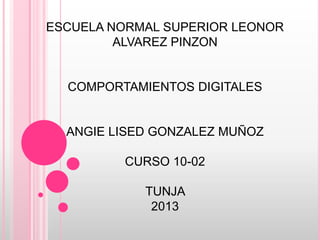 ESCUELA NORMAL SUPERIOR LEONOR
         ALVAREZ PINZON


  COMPORTAMIENTOS DIGITALES


  ANGIE LISED GONZALEZ MUÑOZ

         CURSO 10-02

            TUNJA
             2013
 