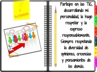 Participo en las TIC,
                                     1°
   6°          desarrollando mi      2°

AUT ONOMÍA   personalidad, la hago   3°
                                     4°
                respetar y la
                   expreso           5°
                                     6°
              responsablemente.
                                     7°
             Siempre respetando      8°

               la diversidad de      9°

             opiniones, creencias    10°
                                      w
              y pensamientos de       e
                                      b
                  los demás.
 