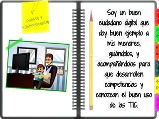 8°                  Soy un buen          1°
            Y
    UIDADO                                    2°
  C
       AÑ AMIENT
                 O    ciudadano digital que
ACOMP
                                              3°
                      doy buen ejemplo a      4°

                         mis menores,
                                              5°
                          guiándolos, y       6°

                     acompañándolos para      7°
                                              8°
                        que desarrollen
                                              9°
                        competencias y        10°
                     conozcan el buen uso      w
                                               e
                          de las TIC.          b
 