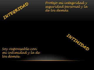 Protejo mi integridad y
seguridad personal y la
de los demás.
Soy responsable con
mi intimidad y la de
los demás.
 