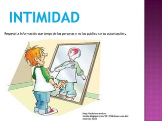 Respeto la información que tengo de las personas y no las publico sin su autorización       .




                                                       http://echelon-andres-
                                                       nicole.blogspot.com/2012/06/buen-uso-del-
                                                       interner.html
 